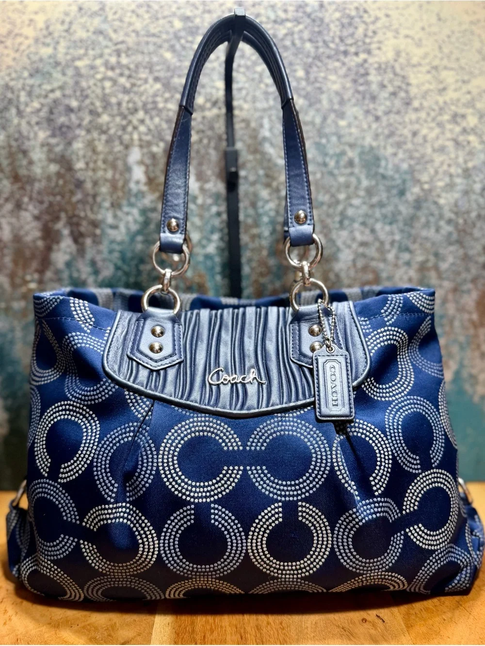 Coach Maximalist 2012 Ashley Dotted Op Art Satchel Cobalt Navy Blue